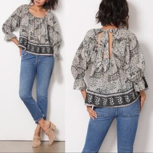 Cleobella Anna Blouse Elastic Neck Keyhole Back W/Adj. Tie 3/4 Sleeves - Medium